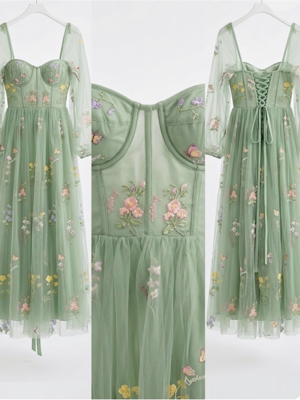 Embroidered Sage Green Tulle Midi Dress